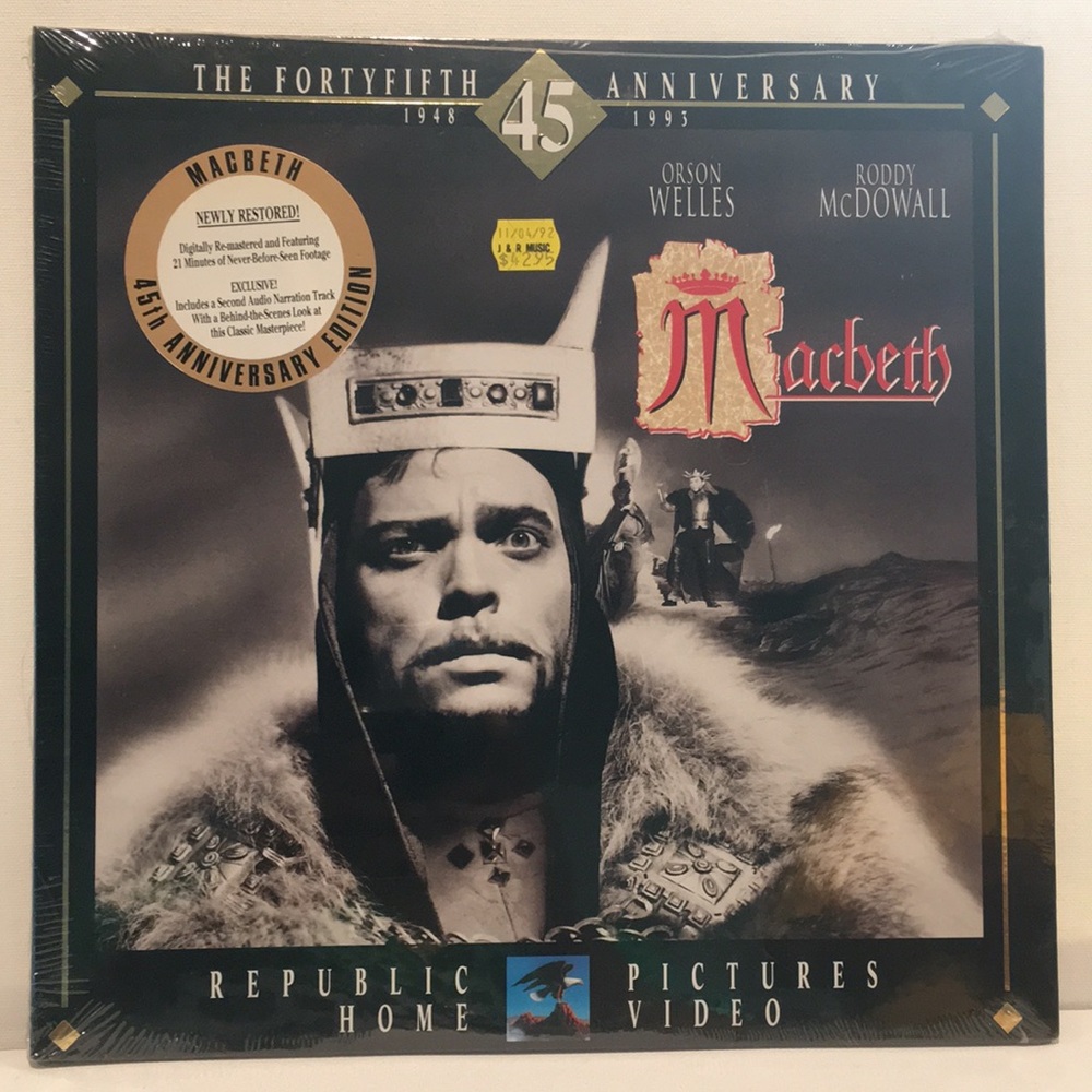 Republic Pictures Home Video “Macbeth” Laser Disc.